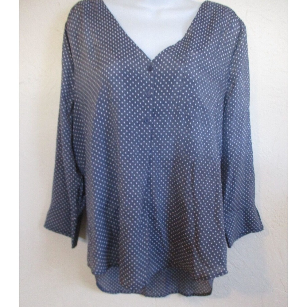 Como Blu Pull Over 3/4 Sleeve Top Size XL Polka Dot on Gray Hi Low Hem